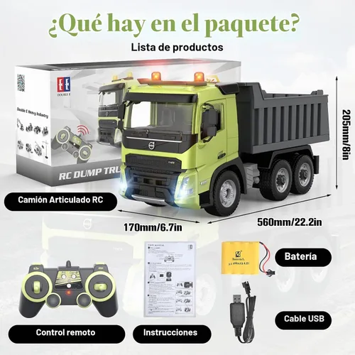 Vista 7 de DOUBLE E Volvo FMX - Camión volquete RC a escala 1:20, función completa (movimiento de 360°/elevación/volteo), antiinterferencias de 2.4 GHz, luces