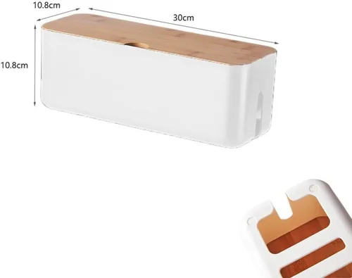 Vista 5 de Wooden cover cable storage box designed for organizing power strips, chargers, and USB devices in office or home (White)