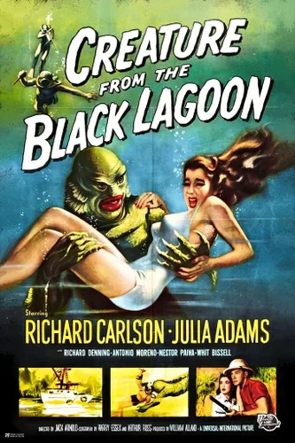 Vista 3 de Póster de película de terror retro vintage de criatura laminada de la laguna negra, mercancía de película de terror, decoración de terror, monstruo