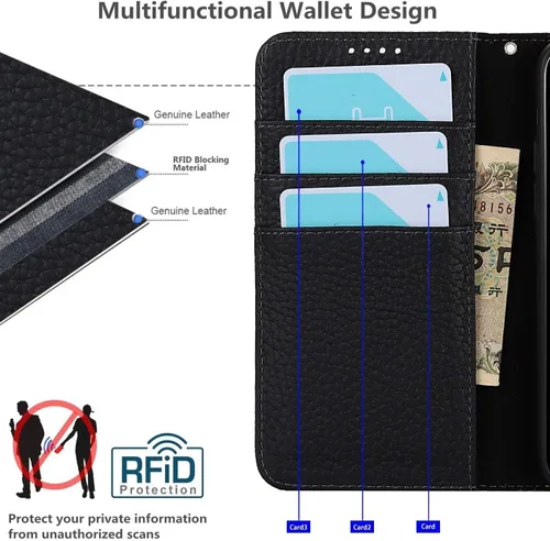 Vista 3 de iCoverCase Funda tipo cartera compatible con iPhone 13 Pro Max con tarjetero y correa para la muñeca, bloqueo RFID, funda magnética para teléfono