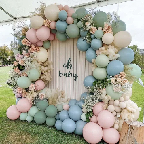 Vista 9 de Kit de arco de globos de látex de doble relleno pastel azul bebé, marrón oscuro, marrón, café, arena blanca y arena, guirnalda de globos de látex
