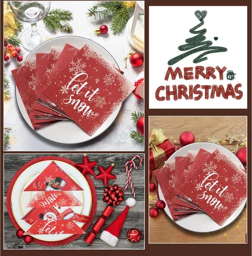 Vista 4 de Faccito 100 servilletas de papel de muñeco de nieve de Navidad, servilletas de cóctel de copo de nieve de invierno, servilletas de bebidas rojas