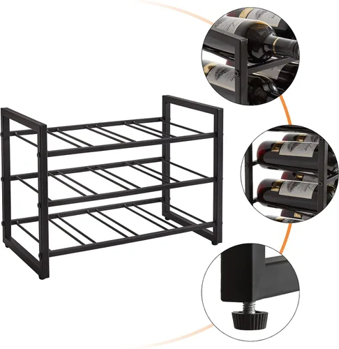 Vista 7 de IBUYKE Estante de vino para encimera, estante de vino de metal de 3 niveles, estante de vino con capacidad de almacenamiento independiente para 12
