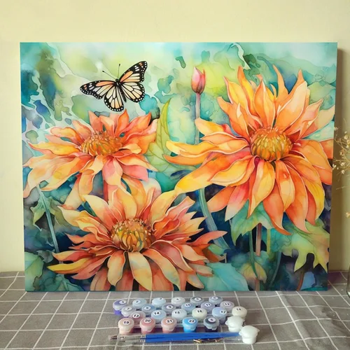 Vista 10 de Tucocoo Kits de pintura de paisaje de girasoles por números con pinceles y pigmento acrílico sobre lienzo para adultos, patrón de mariposas y flores