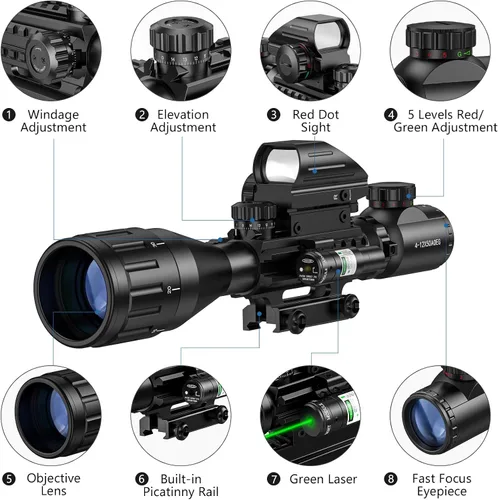 Vista 2 de MidTen 4-16x50 AO Hunting Rifle Scope Dual Illuminated Rangefinder Optics & 4 Holographic Reticle Red/Green Dot Sight & Laser Sight
