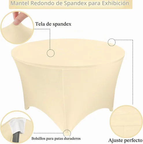 Vista 3 de Paquete de 8 Manteles Redondos de Spandex Beige de 5 Pies 60" Cubierta de Mesa Elástica Redonda Mantel de Mesa Redondo Lavable Resistente a Arrugas