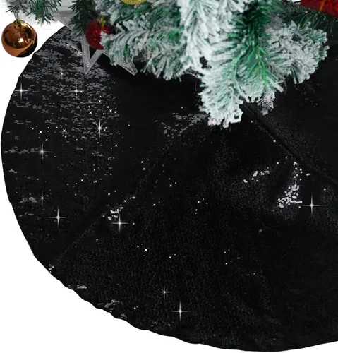 Vista 4 de PartyDelight Faldón para Árbol de Navidad de 24 Pulgadas, Redondo, Lentejuelas Negras Brillantes, Adornos Pequeños, Decoraciones de Fiesta
