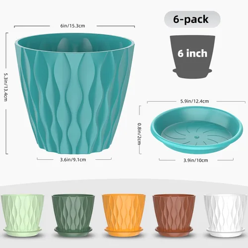 Vista 2 de Paquete de 6 macetas de interior de 6 pulgadas con agujeros de drenaje, macetas decorativas de plástico para exteriores, macetas de jardín con Con