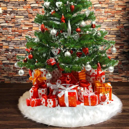 Vista 44 de Falda de Árbol de Navidad de 24 Pulgadas - Falda de Árbol de Piel Sintética Esponjosa Beige Blanca, Decoración Navideña de Felpa de Color Toka
