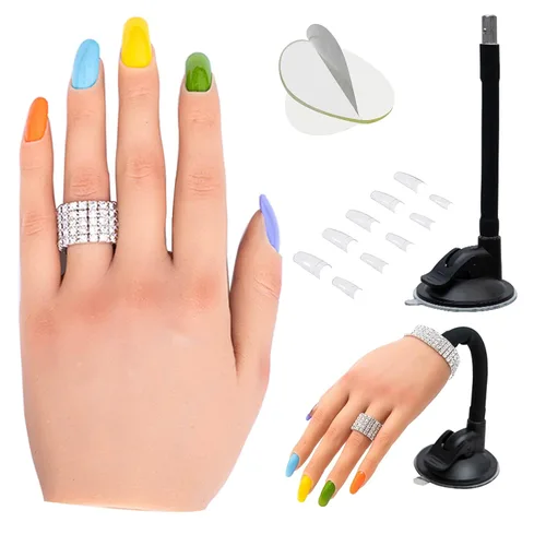 Vista 10 de Mano de práctica de uñas de silicona para uñas acrílicas, manos de maniquí profesional para práctica de uñas con soporte ajustable, mano falsa