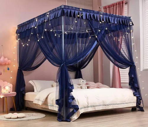 Vista 15 de Mengersi Cortina para Dosel de Cama Princesa, con 4 Esquinas, Dosel con Mosquitero para Cama de Princesa (Blanco, Doble)