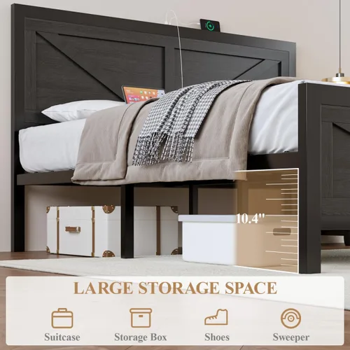 Vista 4 de DOGIBIXO Marco de cama tamaño completo con luces LED y carga USB, marco de cama de plataforma industrial con cabecera de puerta de granero