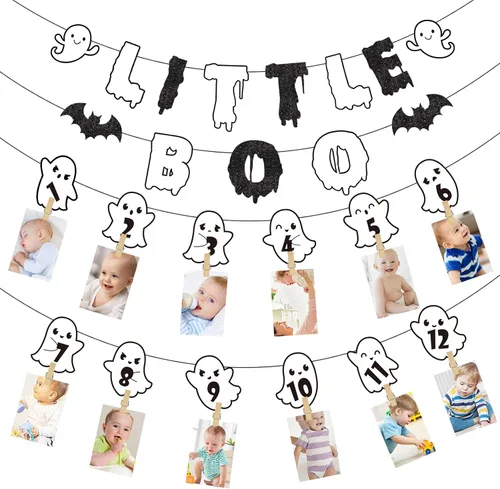 Vista 8 de Cartel de fotos de Navidad para el primer cumpleaños, pancarta de fotos con purpurina para recién nacidos a 12 meses, fotografía de hitos mensuales