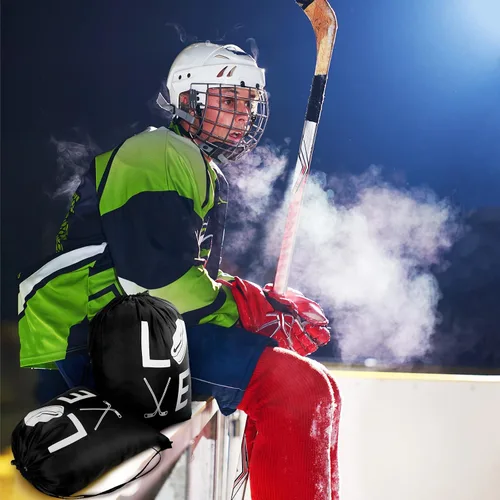 Vista 4 de Sinmoe 12 bolsas de regalo de hockey para fiestas de hockey, bolsas de regalo para fiestas de hockey deportivo, bolsa con cordón, regalos de fiesta