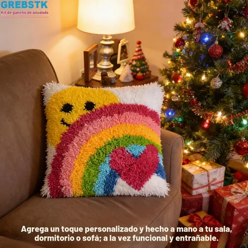 Vista 6 de GREBSTK Kit de gancho de pestillo DIY funda de almohada de sofá, cojín de sofá, patrón de sol y arcoíris, punto de cruz pintado, 16x16 pulgadas