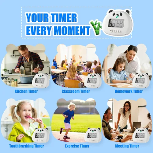 Vista 5 de 2 Pack Digital Timer for Kids,Magnetic Kitchen Timers for Cooking,Countdown Timer with Cartoon-Style Battery Included(Black Panda)