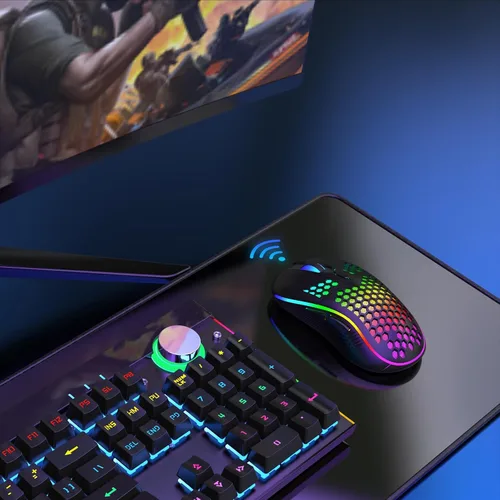 Vista 8 de JYCSTE Ratón inalámbrico para juegos, mouse ergonómico de computadora recargable, diseño de panal con retroiluminación RGB, receptor USB, 6 botones