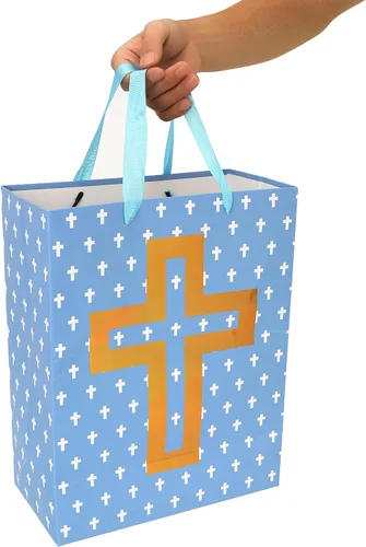 Vista 6 de Juego de bolsa de regalo azul grande de 13 pulgadas con tarjeta de felicitación y papel de seda (diseño de cruz de aluminio), papel de seda