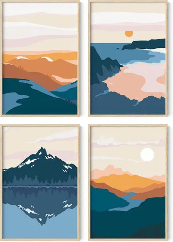 Vista 32 de HAUS AND HUES Arte de pared de montaña – Juego de 4 decoración de paisaje moderno de mediados de siglo, naturaleza y arte moderno Marco beige de 8
