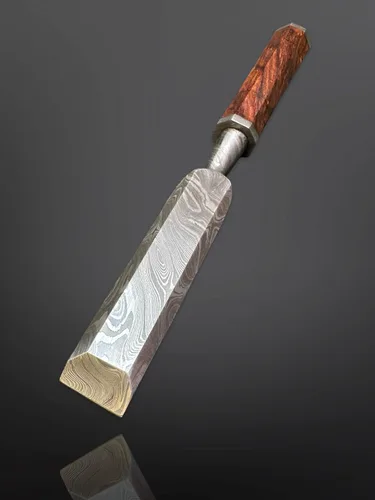 Vista 7 de Juego de cinceles de madera de 5 piezas – Cuchillas de borde biselado de acero de Damasco forjadas a mano con cubiertas de cuero y asas