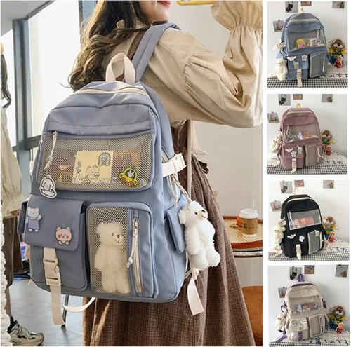 Vista 3 de Mochila Kawaii para niñas con bonitos accesorios de alfiler, colgante de felpa, mochila estética universitaria Kawaii, Azul (Blue BackPack), Classic