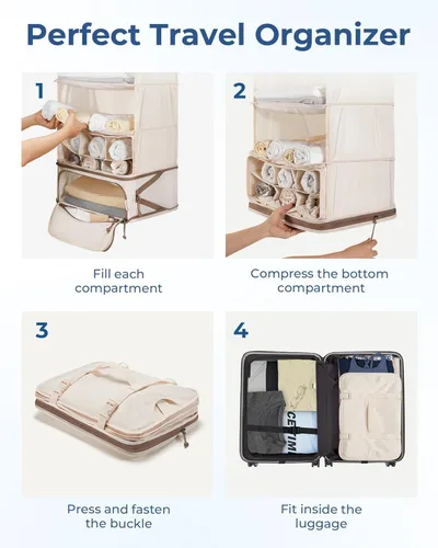 Vista 3 de Large Travel Storage Bag Set, Beige Suitcase Organizer for Packing and Organization
