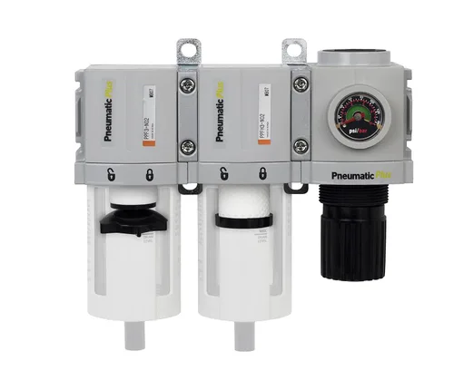 Vista 3 de Sistema desecante de aire PneumaticPlus PPC3-N02G de 3 unidades de filtrado, con filtro de partículas de aire, filtro coalescente y regulador