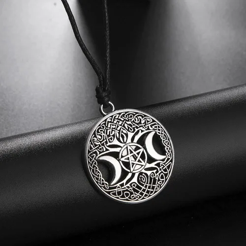 Vista 7 de QIAN0813 Celttic Knot Triple Moon Pentagram Pentacle Star Wicca Pendant Necklace Round Pagan Jewelry