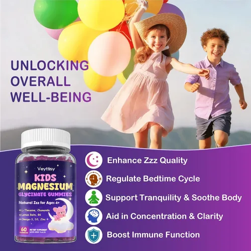 Vista 6 de Gomitas de glicinato de magnesio para niños mayores de 4 años: gomitas de bisglicinato de magnesio sin azúcar con manzanilla, L-teanina, bálsamo