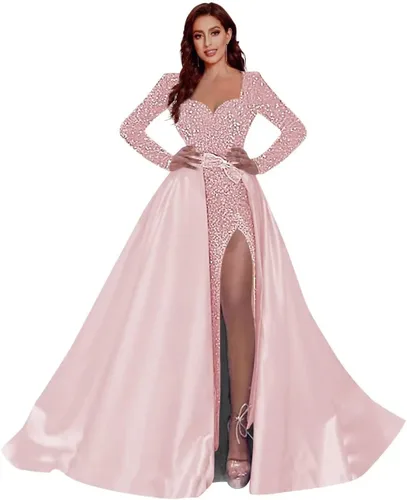 Vista 4 de Vestidos de baile largo con lentejuelas brillantes de un hombro con abertura de satén y abertura de sirena para mujer, vestido formal de fiesta