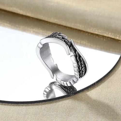Vista 6 de Bestyle Anillos antiguos de ala de ángel para mujeres y hombres, anillos de banda de plumas de guardián, anillos de promesa de pareja