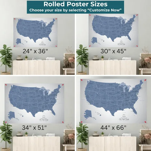 Vista 6 de Blue USA Map Poster with Pins – Cool Tone Personalized United States Travel Map Canvas – Large 24" x 36