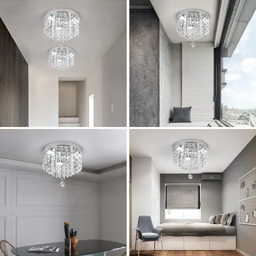 Vista 3 de Deckrico Candelabro de cristal moderno LED para techo, montaje empotrado, de acero inoxidable, pantalla de luz con cuentas para dormitorio, comedor