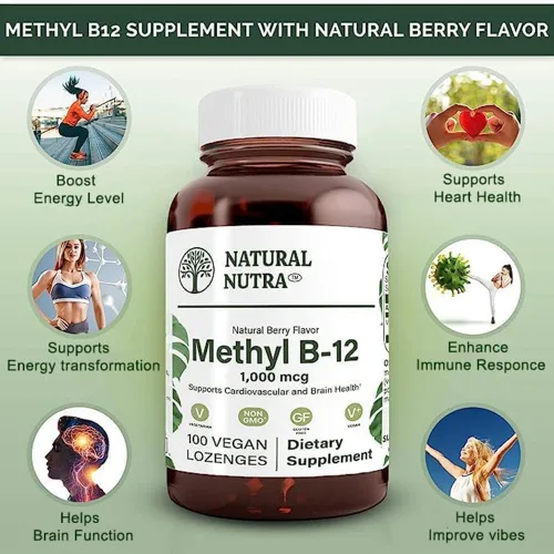 Vista 3 de Natural Nutra Vegano Metil B12 1000mcg, suplemento potenciador de la salud del corazón y la energía, sin gluten, 100 pastillas veganas