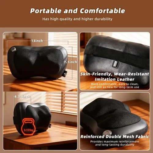 Vista 6 de Zenopax Shiatsu Masajeador de cuello y espalda con calor, almohada eléctrica recargable inalámbrica para aliviar el dolor muscular, amasamiento