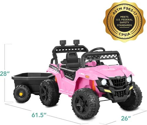 Vista 15 de Best Choice Products Carro Eléctrico Montable UTV de 12V para Niños con Remolque con Control Parental, Luces LED, 2 Velocidades, Bluetooth - Rosa