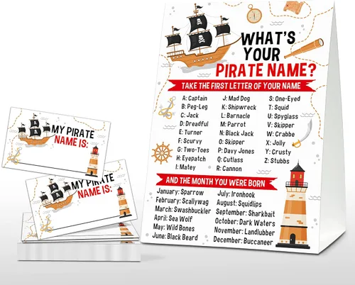 Vista 9 de Juego de "What's Your Pirate Name" - Juegos vintage de fiesta de cumpleaños pirata para niños - Actividad escolar familiar en el aula - 1 letrero