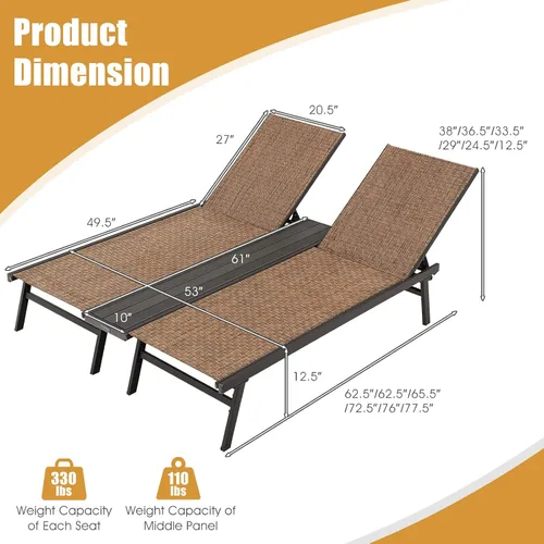 Vista 3 de COSTWAY Patio 2-Persona Chaise Lounge Chair 6-Posición Trasera Ajuste Panel Medio