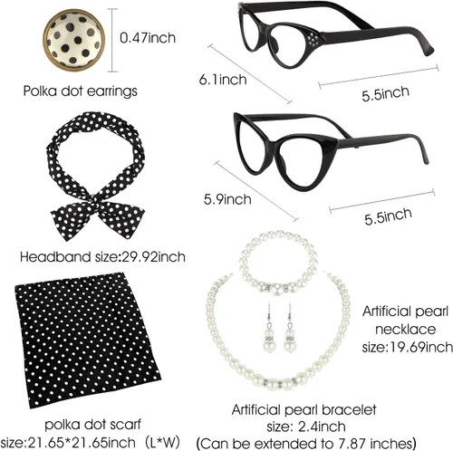 Vista 2 de TUPARKA Juego de 12 accesorios de disfraz de los años 50, gafas de ojo de gato, vestido elegante para mujer