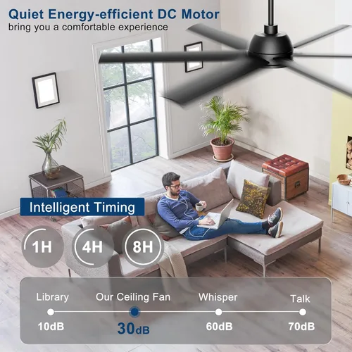 Vista 5 de Ventilador de techo de 65 pulgadas con luces, ventilador de techo negro con control remoto y aplicación, 3CCT, regulable, motor CC reversible