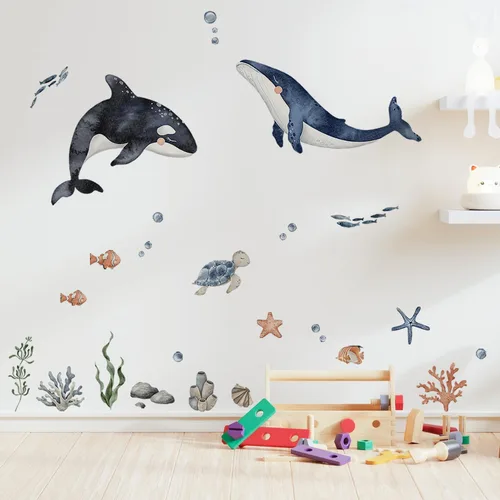 Vista 5 de funlife Calcomanías grandes de pared bajo el mar, despegar y pegar, decoración de pared de peces para habitación de niños, animales grandes
