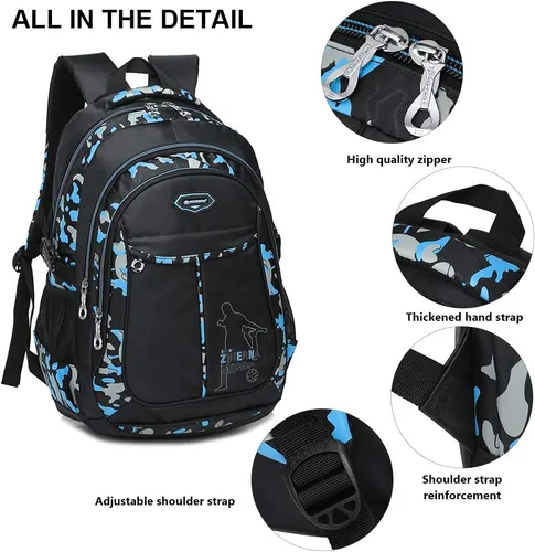 Vista 5 de Goldwheat Mochila para adolescentes y niños, juego de bolsas escolares de 3 piezas, Azul Patchwork, L, Mochila escolar