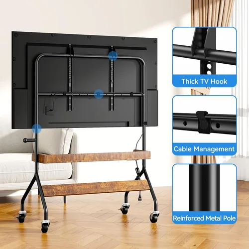Vista 4 de Soporte de TV rodante con toma de corriente, carrito de TV móvil para pantalla de TV de 32 a 75 pulgadas de hasta 110 libras, soporte de TV portátil