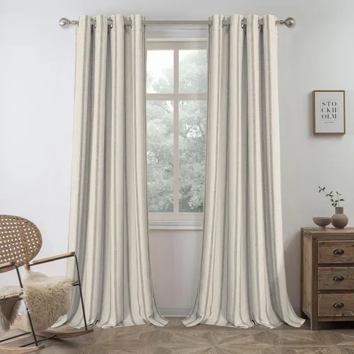 Vista 33 de DriftAway Cortinas opacas de mezcla de lino de granja de 90 pulgadas de largo para dormitorio, cortinas de lino con estampado de rayas verticales