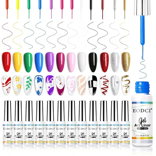 Vista 10 de Eodci - Juego de esmalte de gel para arte de uñas, 12 colores negro, blanco, rosa intenso, amarillo, verde con purpurina, esmalte de gel para otoño