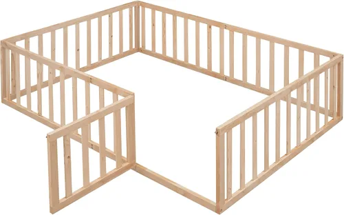 Vista 4 de Cama de plataforma de tamaño matrimonial con valla, marco de cama de piso de madera maciza con puerta, marco de sofá cama de tamaño matrimonial