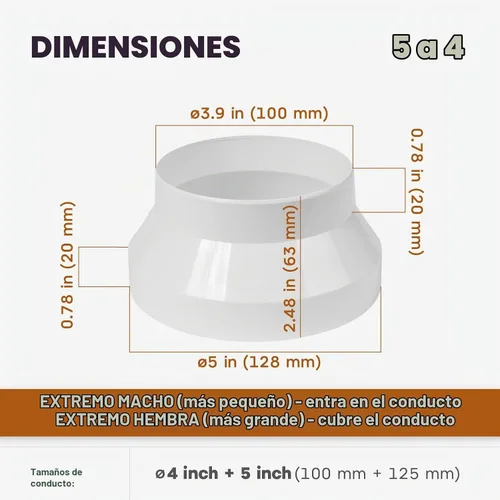 Vista 2 de Reductor/aumentador excéntrico de 5" a 4" - Conecta conductos rectos y flexibles, ventilador o ventilación - HVAC, aplicaciones de calefacción