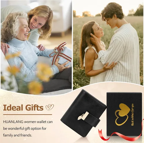 Vista 6 de HUANLANG Carteras pequeñas para mujer, con bloqueo Rfid, de cuero, plegable, tarjetero para tarjetas de crédito, cartera para mujer, bolsillo