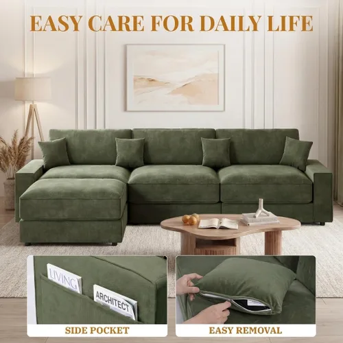 Vista 4 de Opoair - Sofá modular de gran tamaño de 114 pulgadas, sofá en forma de L con otomana móvil, cómodos sofás de nube de 4 asientos con asiento Verde