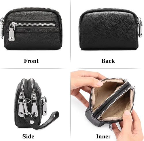 Vista 4 de SENDEFN Monedero para mujer de cuero con doble cremallera alrededor de bolsa pequeña, Negro -, 5256